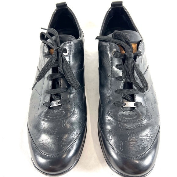 LOUIS VUITTON Monogram Black Leather Mens Logo sneakers Marked as 10.5 11.5US - Picture 1 of 15